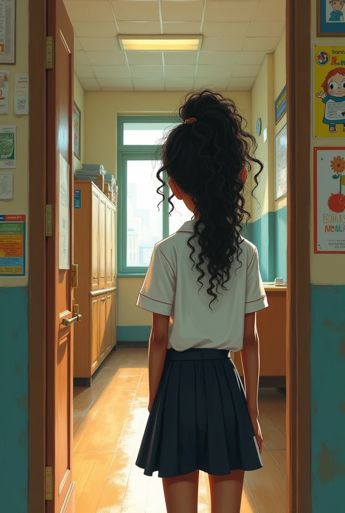 An African girl with long curly ponytail hair on white top and black skirt Japanese uniform peeping inside at an empty class while she's standing outside like a detective . Her eyes full of suspicion as she pees into the empty class trying to make sure the people inside the class don't see her. Realistic paint 