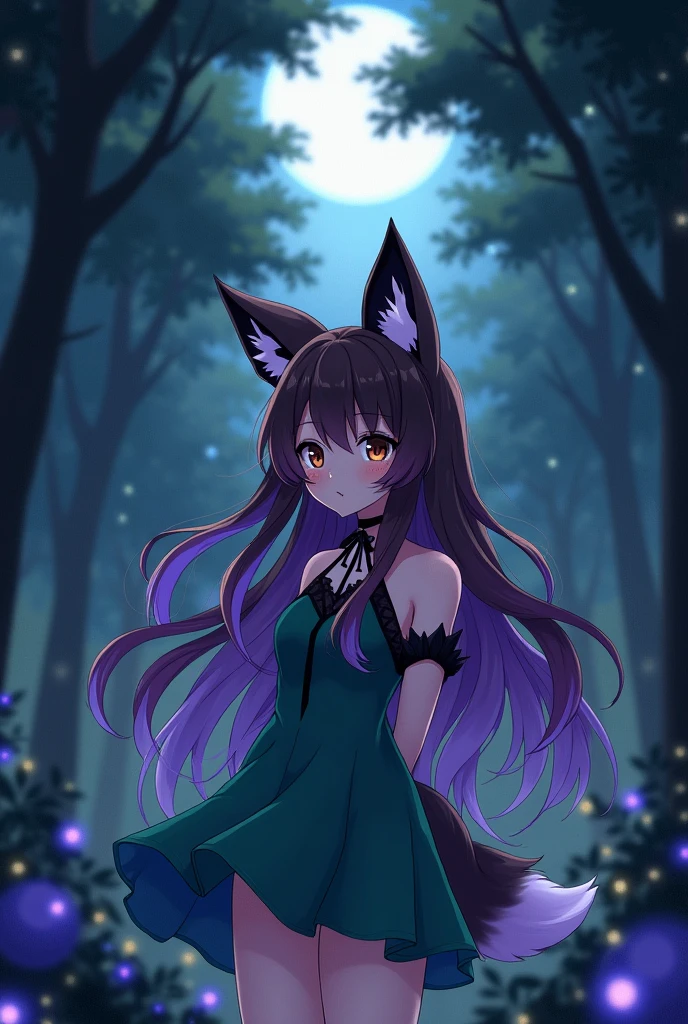 anime, high quality, quality 4K, girl, furry, long brown wavy hair (with long purple strands), half bang (black and white), fox ears (black), fox tail (black and purple), heterochromic eyes, right eye (brown), left eye ( black), in the forest (at night), with a dress (green and purple)