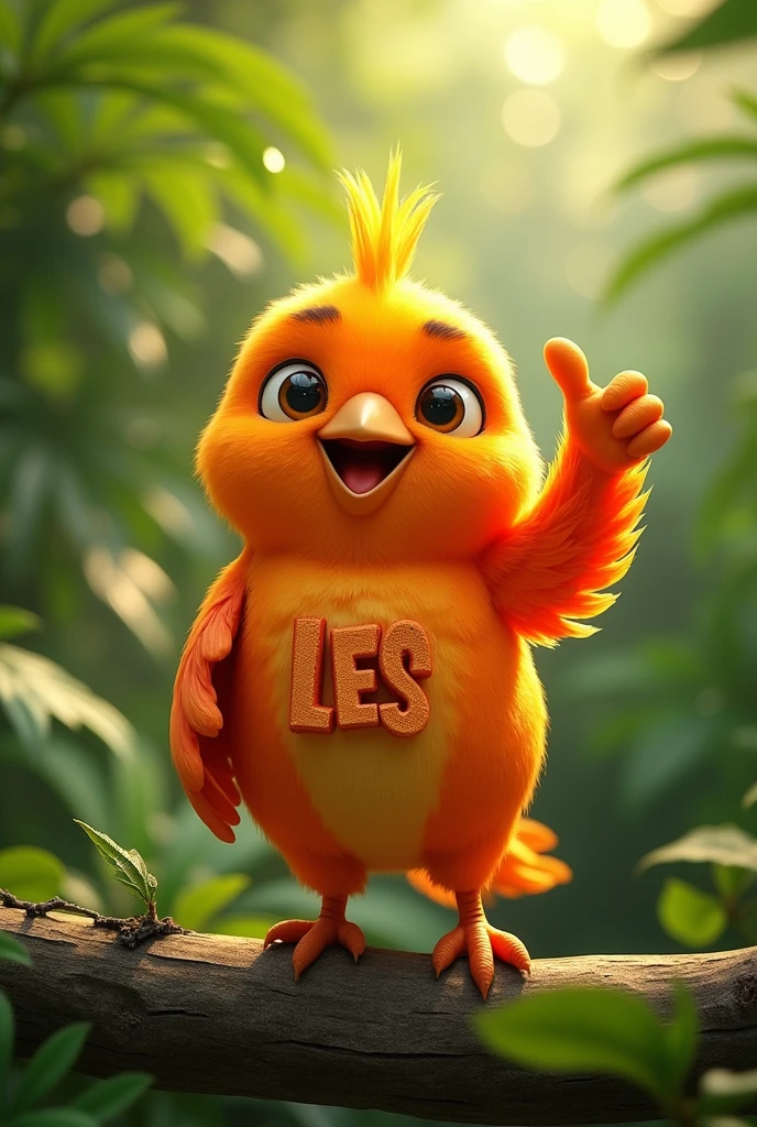 A real orange bird making a like gesture with its wing and a logo on its chest that says LES, letters in white,  simulating plumage