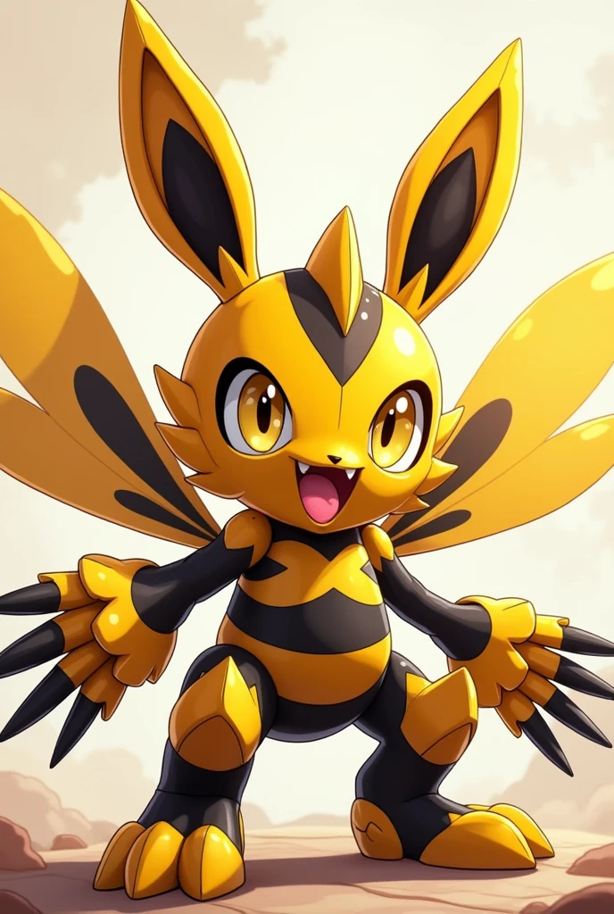 A anime style digimon creature.
Appearance: a chimera , half bunny half man half bumblebee. With big wings, Big gold insect eyes. Two Big stingers for hands and wearing a biological exoskeleton made from honey combs.
Style : cel shaded , 3d , anime, Full-body, t pose.
Colors: black and yellow and gold
This is a digimon