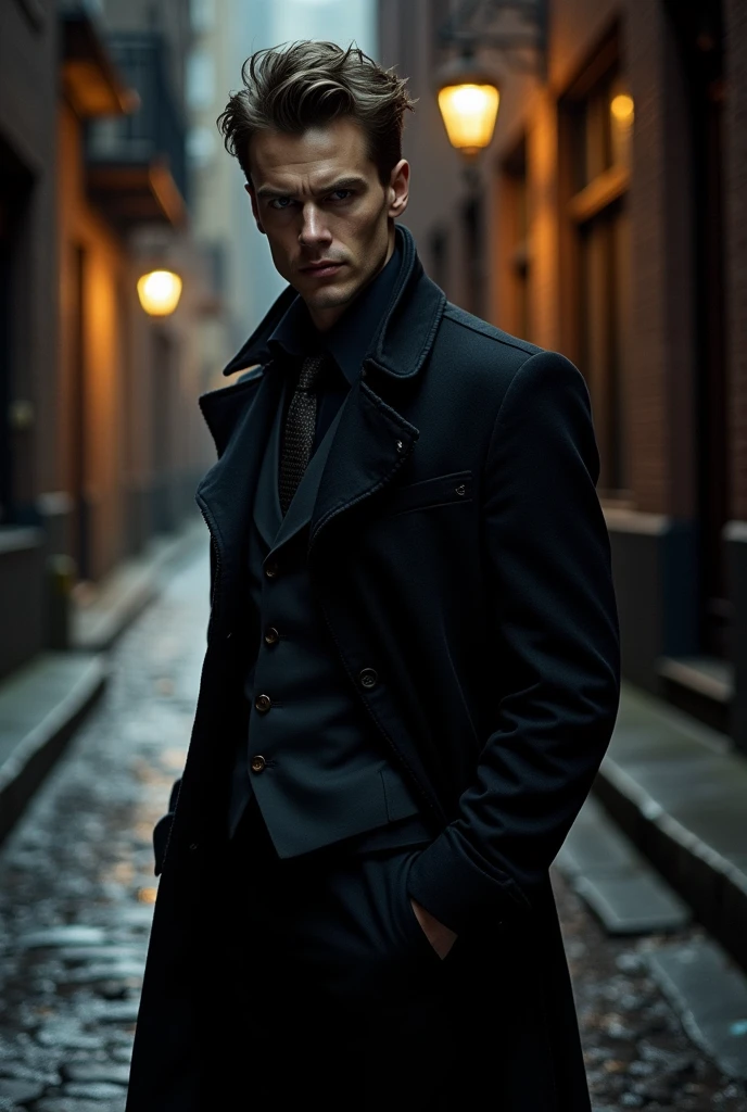 Tom is described as having a villainous smile and wearing a coat with backwards collars, which gives him a slightly disheveled appearance. He is around 26 years old and his demeanor is manipulative and intimidating. His clothing is noted to be formal, often including a suit or a coat. His overall look combines a sense of casual arrogance with a professional appearance.