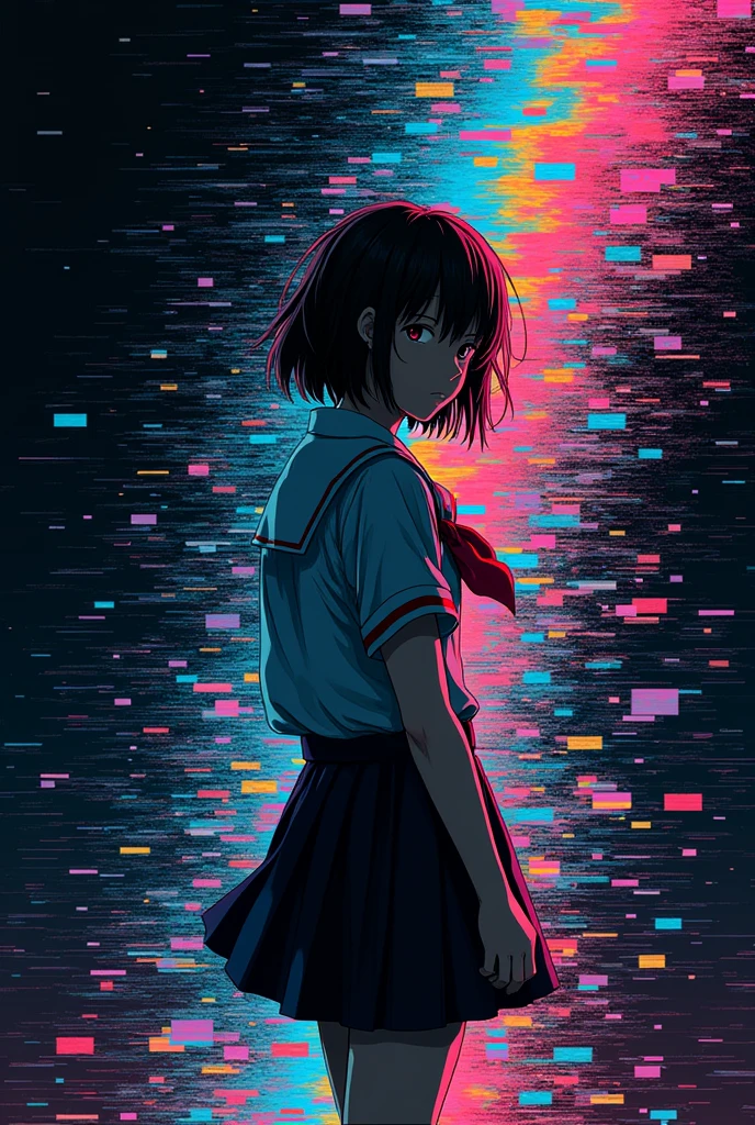 Glitch art movie poster, [sideways facing Japanese school girl] in the center, dark background, glitch colors in the style of strong glitch effect, striped many graphic defects, very detailed, stunning image