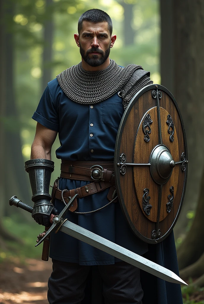 (photorealism:1.2), Chevalier, homme, cheveux court, barbe courte noire, 1m80.
Il a un haut a manche courte bleu nuit. Il est équipé d'une cotte de maille. Il a une épée en fer et un bouclier en bois. Pas de manches.