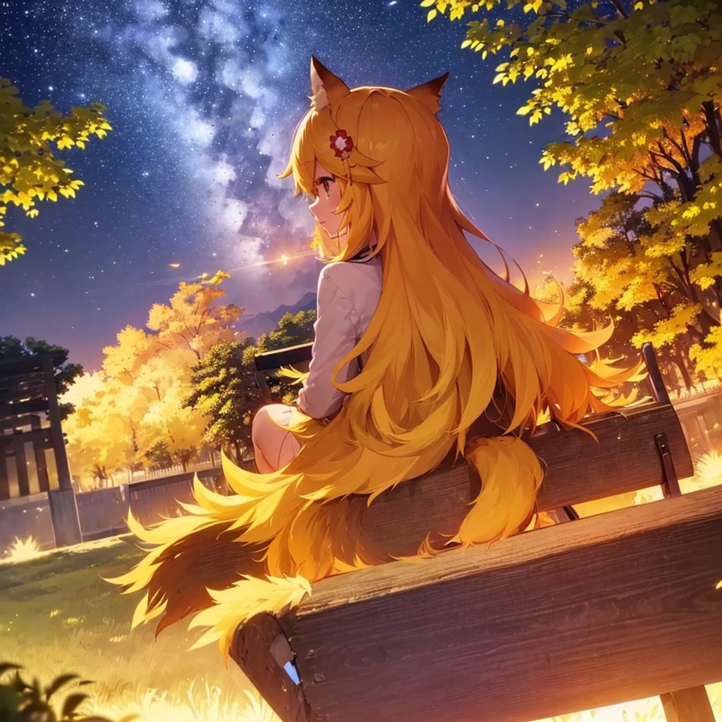 sen, animal ears, fox ears, fox girl, fox tail, hair flower, hair ornament, orange eyes, orange hair, short hair, tail, (view from the back of the character: 1.3), (view from the ground to the sky: 1.4), ((soft lighting, high definition, highly detailed objects, masterpiece, Best quality, high definition skin, DSLR, high quality, surround lighting, high definition, 4k, 8k, studio quality, studio lighting)), in the park, sitting on a bench , night, stars in the sky, beautiful park, trees, (weak night light: 1.6), (dim moonlight: 1.3), grass, trash can next to the bench, (looks at the sky: 1.6), the night sky is clearly visible, a lot stars, (shooting star: 1.2), (trail from a shooting star: 1.1), (leaves in the distance falling from the trees from the wind: 1.1), (a weak wind is blowing: 1.1), (hair blowing in the wind: 1.2), (sitting and leans his hands on the bench: 1.2), (swings his legs: 1.1), there is no bright lighting,