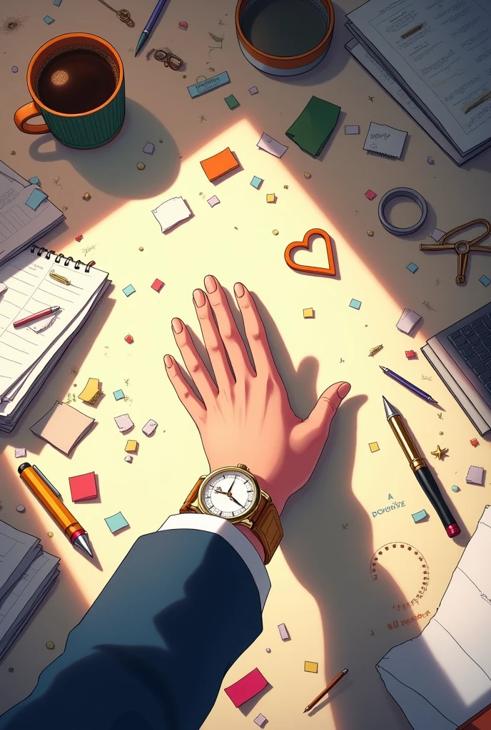 A hand outstretched on the ground wearing a watch indicating a quarter to five,The soles of the palm downwards, the view from above, the place is a messy office,  Anime style, 