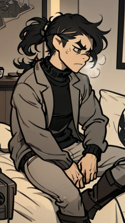 (detailed), (((normal guy))), (Arabic characteristics), ((gray wool jacket)), ((pelo negro rizado Ponytail hairstyle)), ((Ponytail hairstyle)), (calm face), ((by the width)), ((coffee boots)), (((whole body))), ((sitting in a game room)), ((male)), (gray turtleneck sweater), ((only one person)), (at night), seen in profile