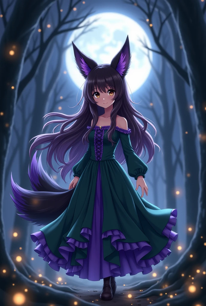 anime, high quality, quality 4K, girl, furry, long brown wavy hair (with long purple strands), half bang (black and white), fox ears (black), fox tail (black and purple), heterochromic eyes, right eye (brown), left eye ( black), in the forest (at night), with a dress (green and purple)