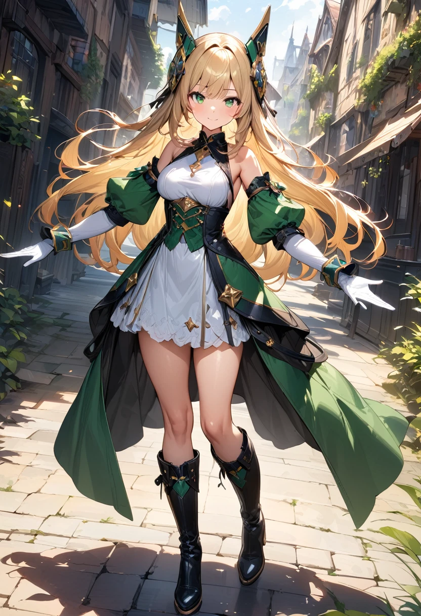 (masterpiece),(best quality),(ultra-detailed),(best illustration),(best shadow),(absurdres),(detailed background),(very aesthetic), 1girl, green-eyes, solo, gloves, blonde-hair, ((long-hair)), white-gloves, looking-at-viewer, full-body, simple-background, boots, dress, breasts, smile, standing, hair-ornament, closed-mouth, bangs, outstretched-arms, knee-boots, medium-breasts, bare-shoulders, detached-sleeves, ribbon, headgear, blush, sleeveless, elbow-gloves, skirt
