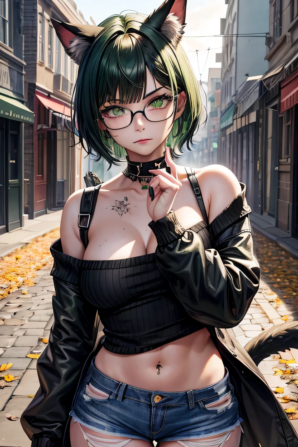 1 miqo'te woman, cat ears with green tips, black and green short wolf cut hair with green highlights, freckles, pale skin, black cat tail, (glasses), green detailed eyes, green lipstick, thick thighs, masterpiece), (detailed face:1.2), beautiful, clear image, (best quality:1), extremely detailed face, pov, looking at viewer, twilight, autumn, outside, tattoos, wearing goth casual clothing with ((black) ripped jeans) and a sweater, determined expression, holding pistol pointed at viewer