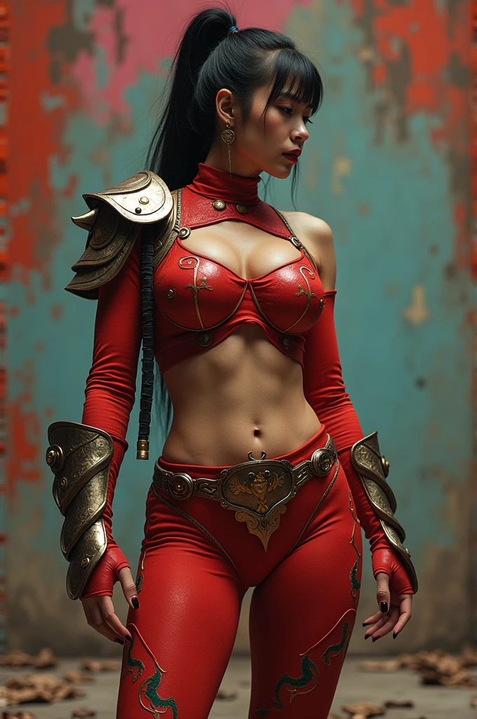 tenue, Very short hair adjustment Woman wearing Chun Li cosplay armor with bare breasts and butt, Female One, impossibly small waist tiny abdominal girth, circumference of lower extremities far exceeds 80 inches of hips, she has immensely large hip measurements, with the biggest buttocks in the world, Random location, intense detail, Bold leggings, hyperrealisti, A heavy bottom, upperbody, voluptuous lower body, feminine figure, portraits, reductionist form, Woman, bold lines, not Mike Campau style, iris van herpen, Howard Schatz, Russian-Western, an Inferior Physical Goddess