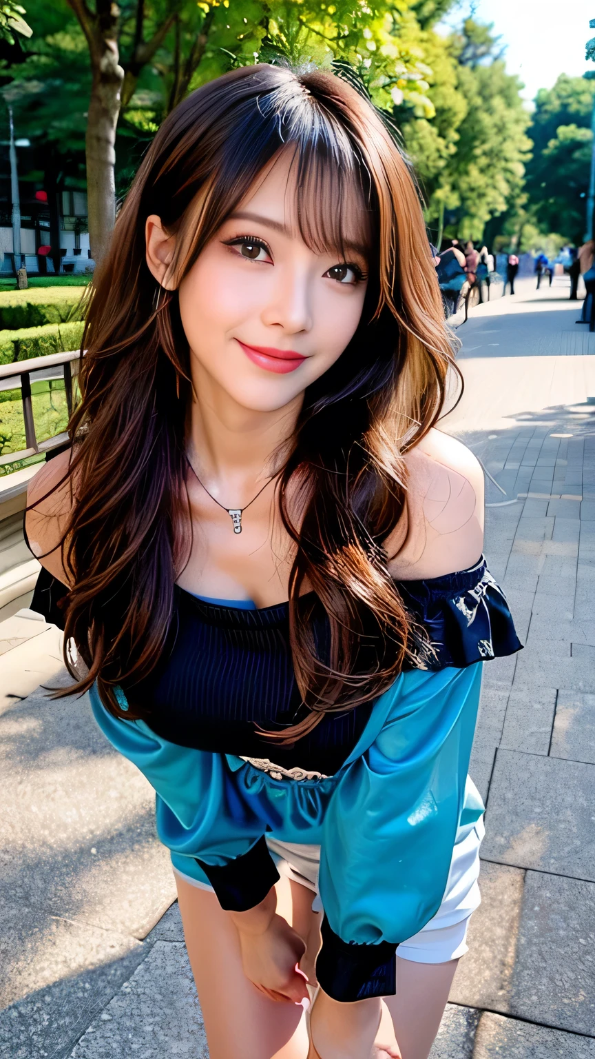 seed;2372725988,((Full Body Angle))、((Front hair:1.3))、((Highest quality, 8k, masterpiece: 1.3)), concentrated: 1.2, Cute 1,Nipples erect、 Perfect beauty: 1.4,Summer off-the-shoulder cropped T-shirt、Letter Print、Shorts: 1.2,Long sleeve、Randall Color、comics&Text Graphics、Black ruffle-trimmed drawstring zip blouse,1.1, Highly detailed face and skin textures, Fine grain, double eyelid, whitening skin, ,Highest quality,Ultra-high resolution,you,1 person,alone,_Shiny_skin,Iris,necklace,((brown_length_Wavy_hair)),(lips)),eyelash,Front hair,deal with,compensate,Shiny,pore,skin,Large Breasts、((smiling face))、Walking in the park、Selfie、