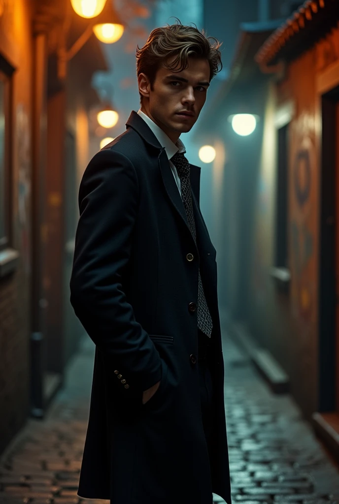 Tom is described as having a villainous smile and wearing a coat with backwards collars, which gives him a slightly disheveled appearance. He is around 26 years old and his demeanor is manipulative and intimidating. His clothing is noted to be formal, often including a suit or a coat. His overall look combines a sense of casual arrogance with a professional appearance.