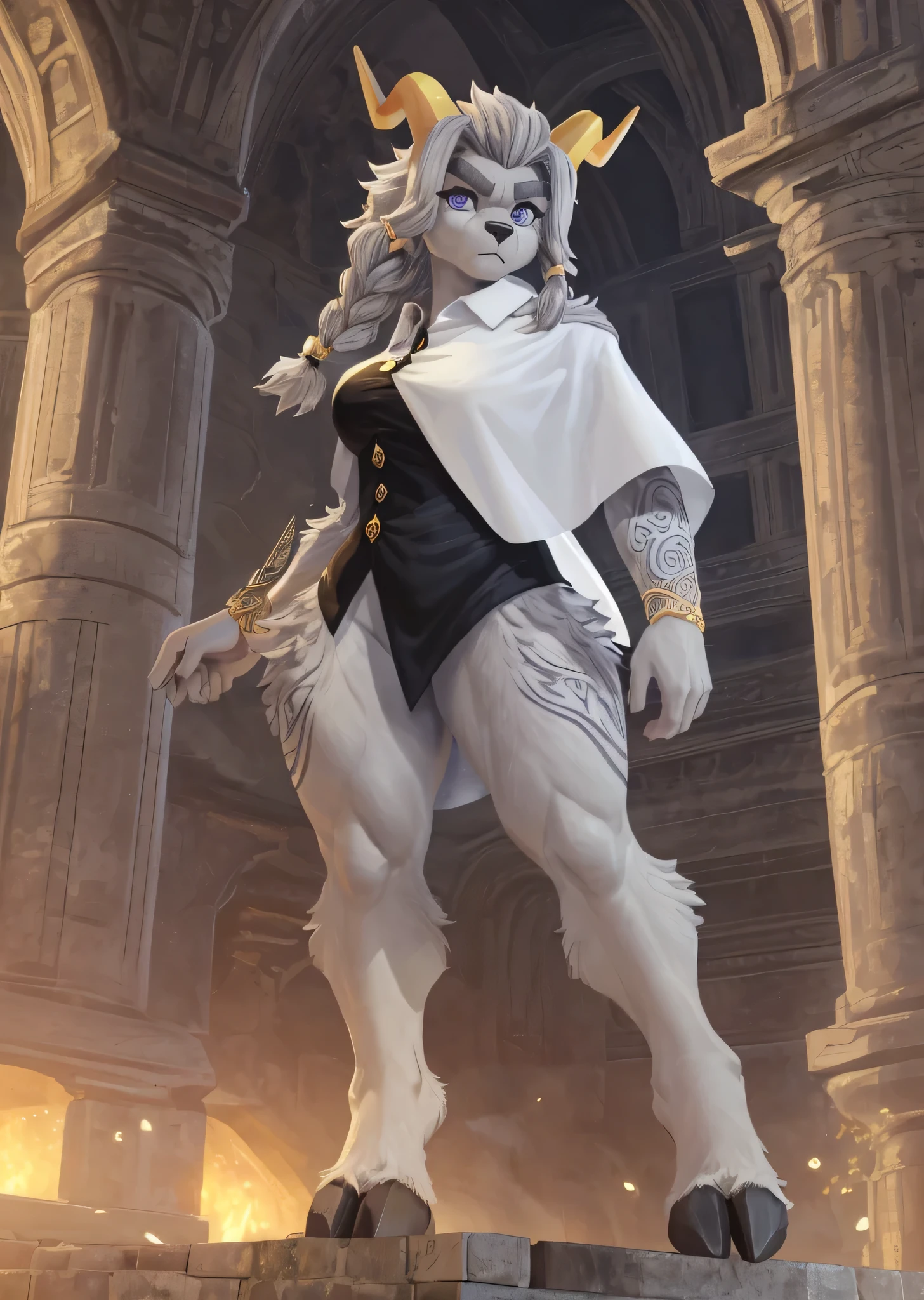 [sybil], [pseudoregalia], ((masterpiece)), ((HD)), ((high res)), ((solo portrait)), ((full body)), ((low angle view)), ((feet visible)), ((detailed fur)), ((intricate details)), ((detailed shading)), {(anthro goat woman), (athletic figure), (grey body fur), (black nose), (long droopy ears), (braided hair), (yellow narly horns), (bushy dark grey eyebrows), (cute indigo eyes), (long grey eyelashes), (medium breasts), (curvy hips), (thick thighs), (beautiful legs), (defined feet), (hooved toes), (angry)}, {(nude), (pantless), (black sleeveless button-up shirt), (gold buttons), (white capelet)}, {(standing), (looking at viewer)}, [ambient lighting, castle ruins, nighttime, moonlight]