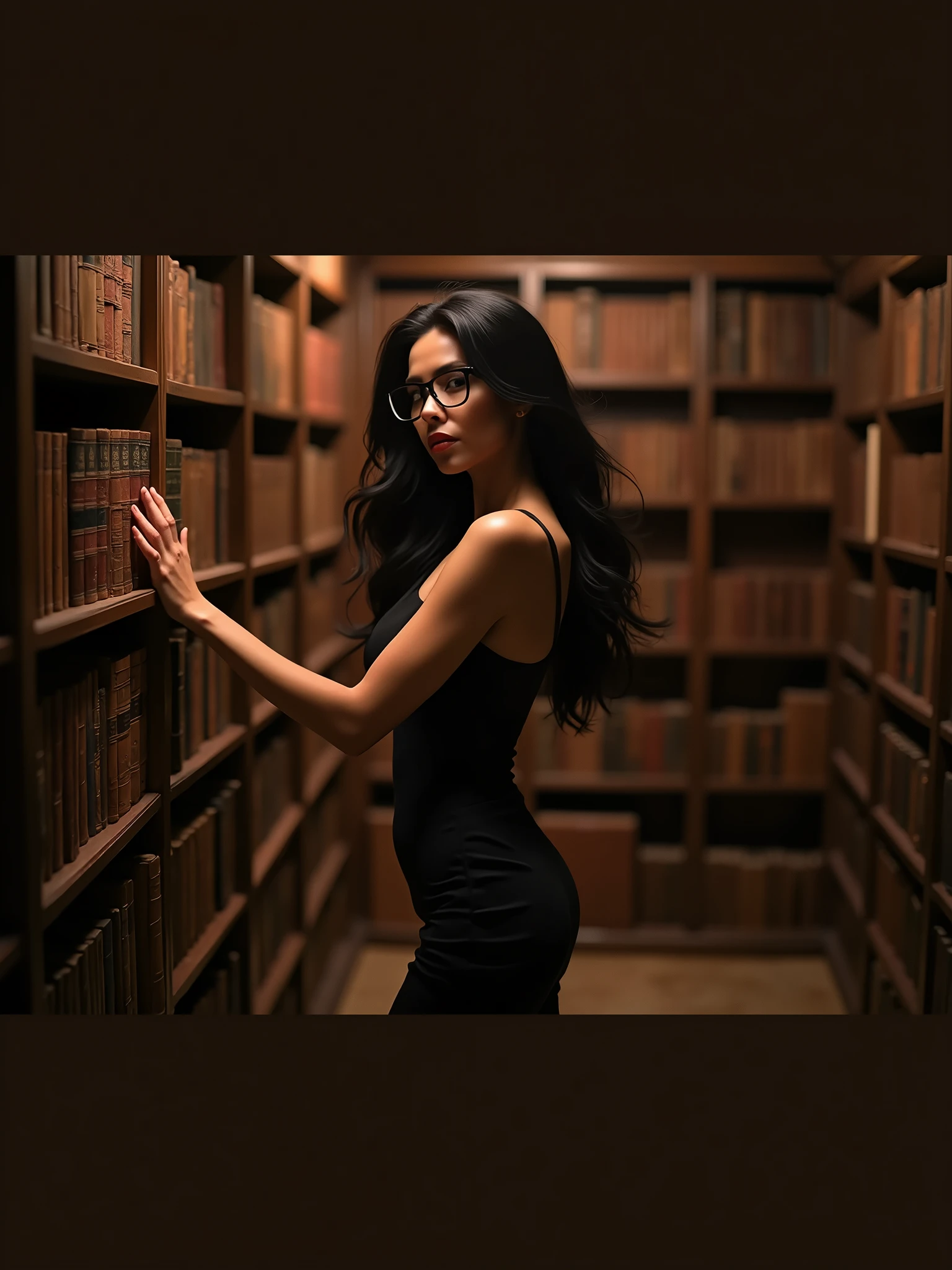 ultra realistic photography of a beautiful 48 years old woman, black hair, she wears black Christian Louboutin shoes, black pencil dress, hourglass shaped body, black prescription glasses,. The woman is choosing books in an old library, sensual photoshoot, studio photography,