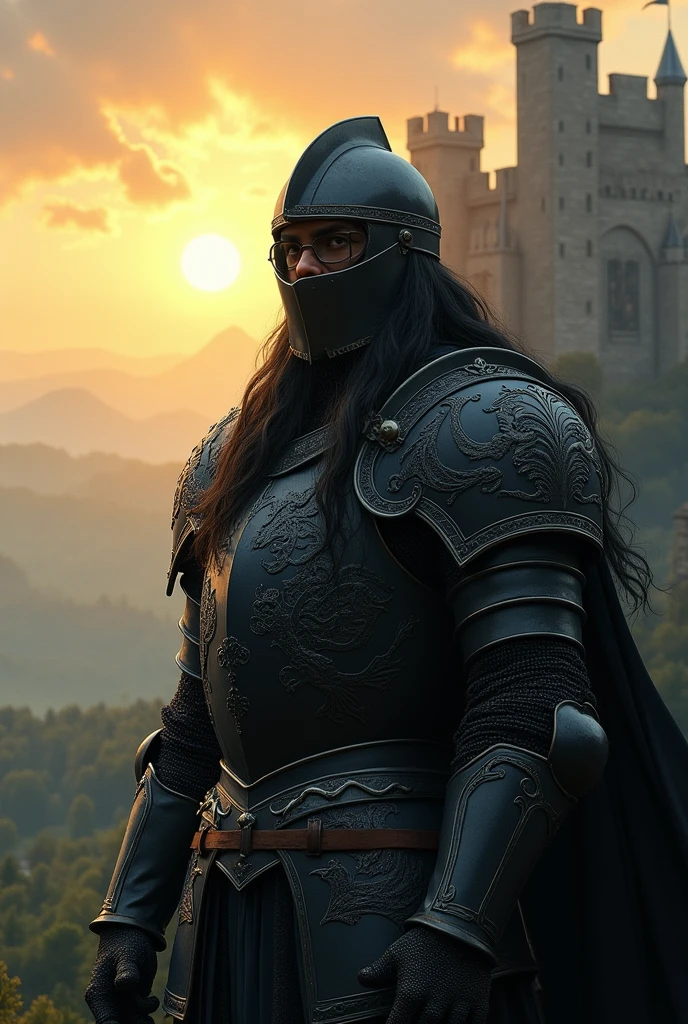 black mediaval knight with long hair glasses