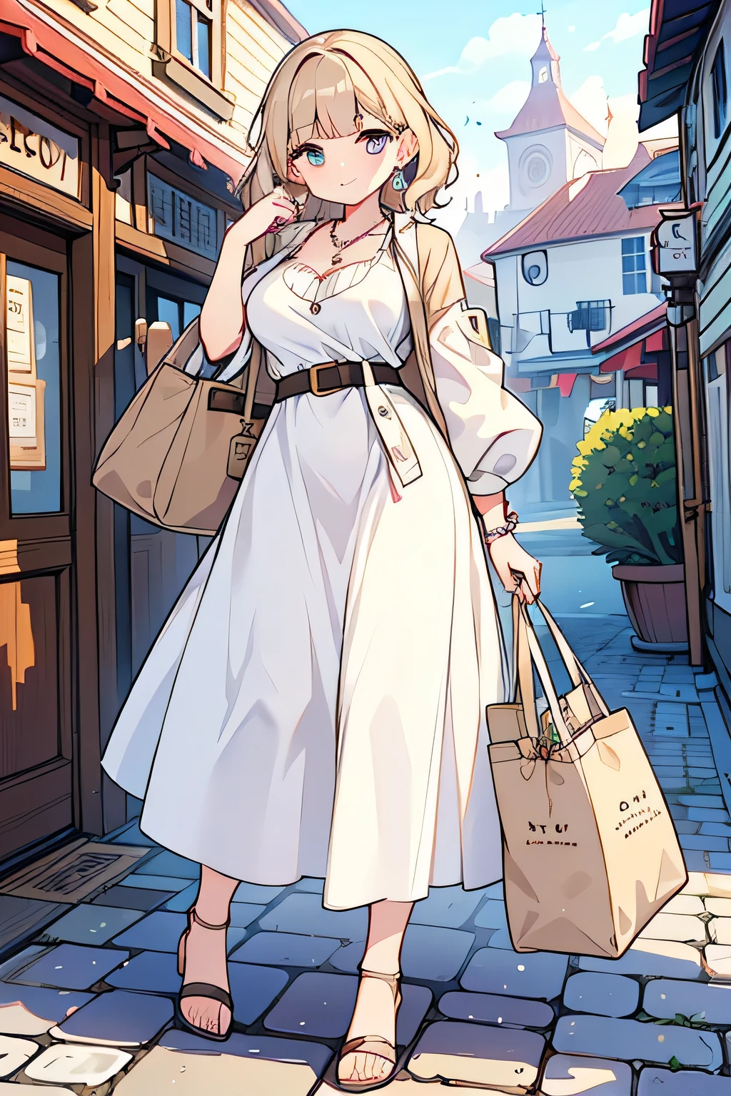 Highest quality、High resolution、Detailed Background、(Beautiful face in every detail:1.4)、Anatomically correct、(Normal number of fingers:1.2)、Highly detailed face、Detailed eyes、Beautiful women in their 20s、(Huge breasts:1.2)、Perfect body line、Bobcut、Long Hair、Wavy Hairstyle、Cute Eye Makeup、Cute Lip Makeup、Accentuate your cleavage、Model pose、Cute gestures、Charming murals and quaint shops line the streets of the old town.、Show the whole body、
(A beautiful model with a popular spot in the background:1.5)、
From the design of the dress、Flower prints and stripes in soft spring colors are recommended、A clean and feminine dress is cute、
Combining a belt will make your waist look slimmer、A colored belt can also be an accent、
It's stylish to combine a white cardigan, etc., as an outerwear、You can wear it with peace of mind even on chilly days、
Casual items such as flat sandals are recommended、Combining a tote bag, etc., gives a cute atmosphere、
Earrings and necklaces、Combining a wristwatch, etc., will make it look more gorgeous、
Overall, it's a casual but clean look with a dress as the center.、very beautiful
