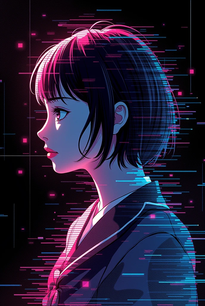 Glitch art movie poster, [sideways facing Japanese school girl] in the center, dark background, glitch colors in the style of strong glitch effect, striped many graphic defects, very detailed, stunning image