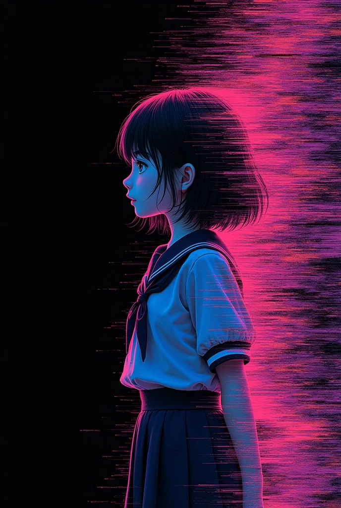Glitch art movie poster, [sideways facing Japanese school girl] in the center, dark background, glitch colors in the style of strong glitch effect, striped many graphic defects, very detailed, stunning image