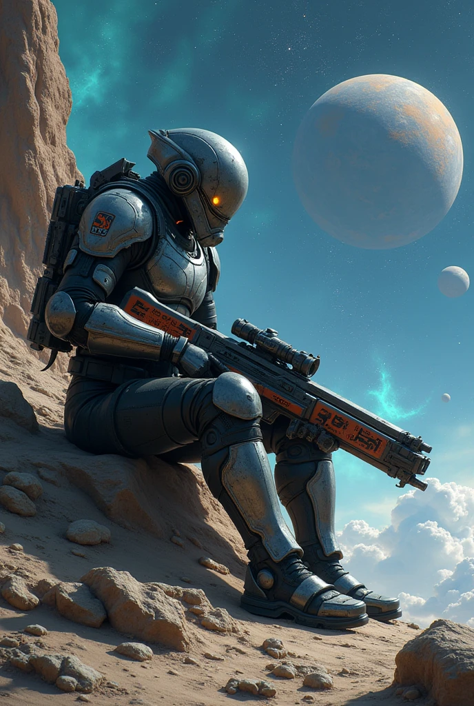 Space warrior with a weapon in hand resting after the war