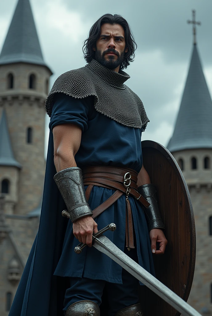 (photorealism:1.2), Chevalier, homme, cheveux mi long, barbe courte noire, 1m80.
Il a un haut a manche courte bleu nuit. Il est équipé d'une cotte de maille. Il a une épée en fer et un bouclier en bois. Pas de manches.