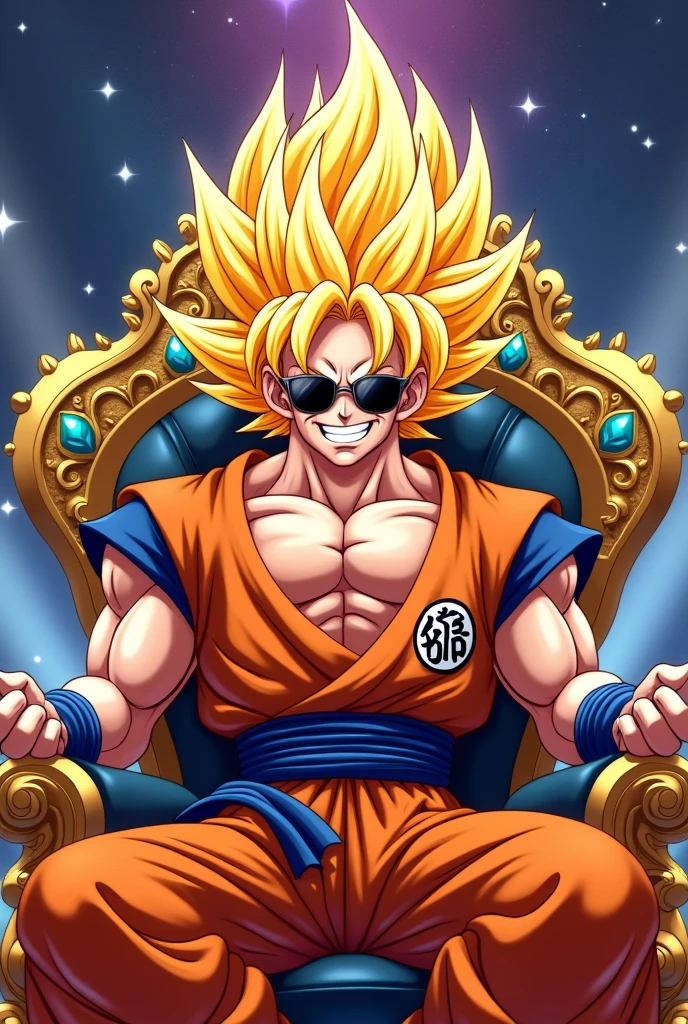 Son Goku on a throne as a Super Saiyan 1, wearing sunglasses with an arrogant smile, showing his white teeth, and a crown on his head. 