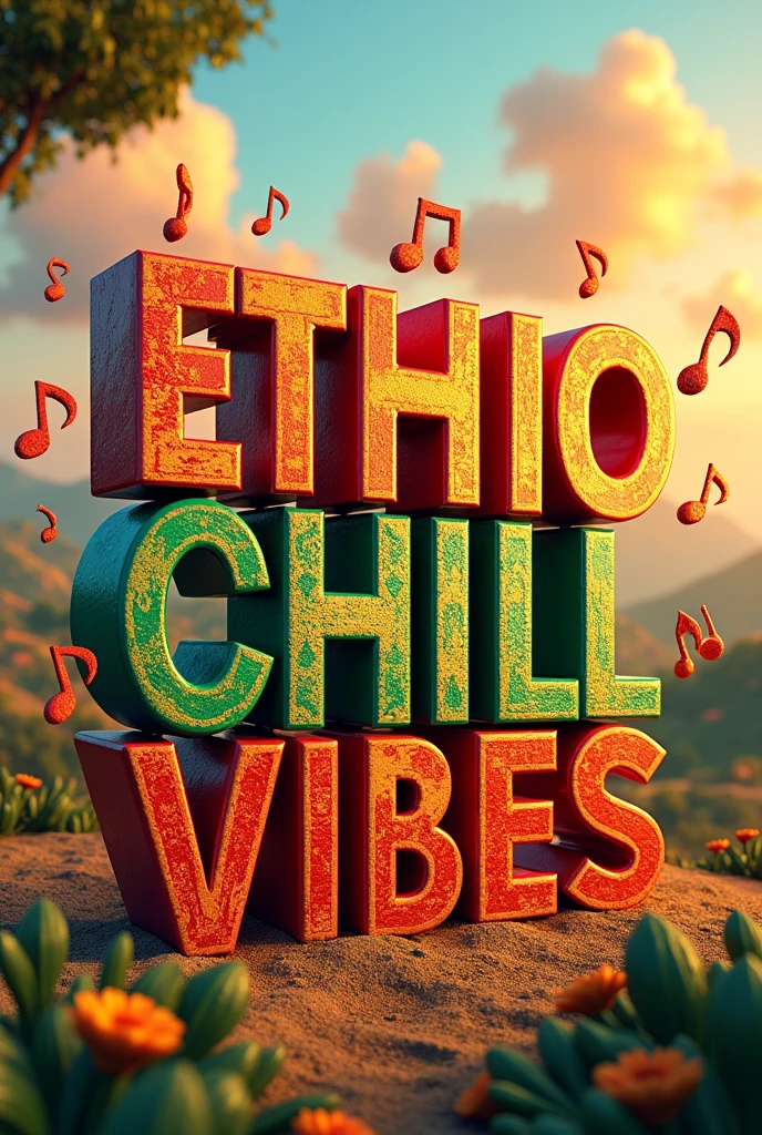 3d text of Ethio Chill Vibes with music notes and Ethiopian traditions