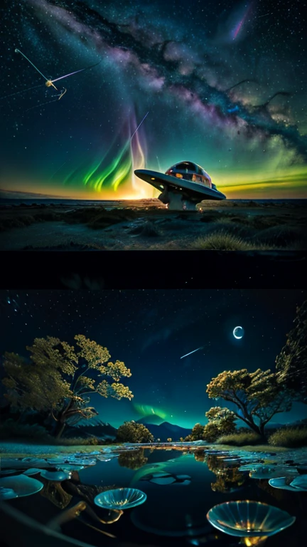 Highest quality, (masterpiece), Very detailed, (Illustrations for novels:1.2), (Korean webtoon style:1.2), (Bold Line), (High resolution:1.2), Dramatic Light,  observatory, looking at space through long Telescope, space, shooting star, thin lines amidst the planets, Look up, Beautiful Face, gear，Fantasy，On a different planet，A massive and beautiful spaceship stands still.，The spaceship is broken，Outside the spacecraft, There are a lot of wrecked spaceships，Expansiveness，Great details，Cinema Lenses，Wide-angle composition，Hazy，満天のStarry Sky，Indian mythology，laser，Aurora，Shattered rocks fly everywhere.，Fantasy、another world、Starry Sky、3 months、Two Saturns、shooting star、milky way、Multicolored clouds、another world、Expansive ocean、Big waterfall、Countless islands floating in the sky々、Vast views、Wide-angle lens、A view looking down from a high hill. Realistic blurred background. 4K Full HD 60 FPS、Realistic lighting、deep sea，Ancient times，ancient fish，Dolphin，Swim gracefully，未来のdeep sea都市，Atlantis Continent，Reflection of the universe，広大なspace，fusion of the future and the past，Time Transcended，spaceの歪み