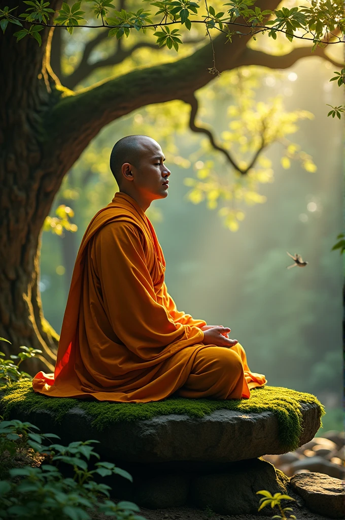 Close-up image of a monk meditating in a tranquil forest temple