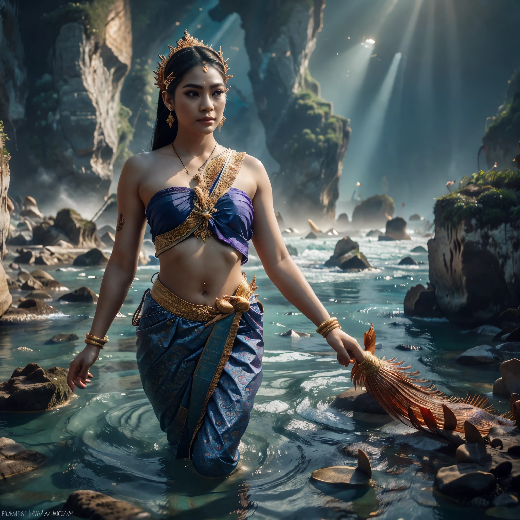 a traditional thai female mermaid, fish tail, swimming in the sea, wearing thai ancient traditional cloth, half body visible above ocean, no headdress, limestone rock, coral, view from sea floor, beautiful detailed eyes, beautiful detailed lips, long eyelashes, extremely detailed anatomy, hyper realistic, masterpiece, 8k, high quality, volumetric lighting, photorealistic, cinematic lighting, dramatic lighting, vibrant colors, intricate details