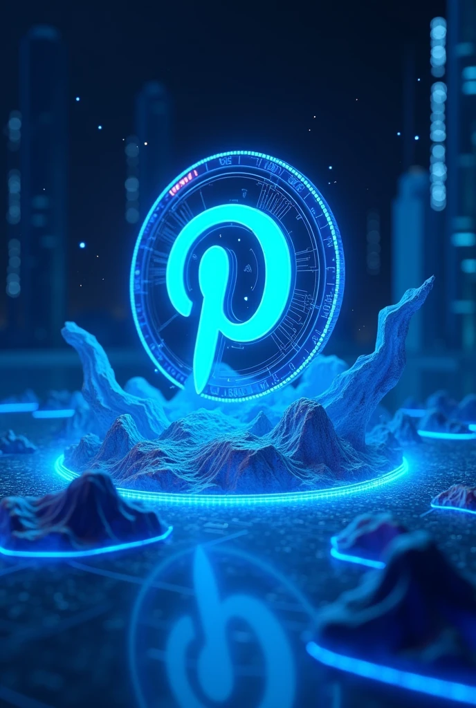 An image of a cryptocurrency called pinterest in 3D and futuristic in cyan blue.. Include pinterest logo as your symbol