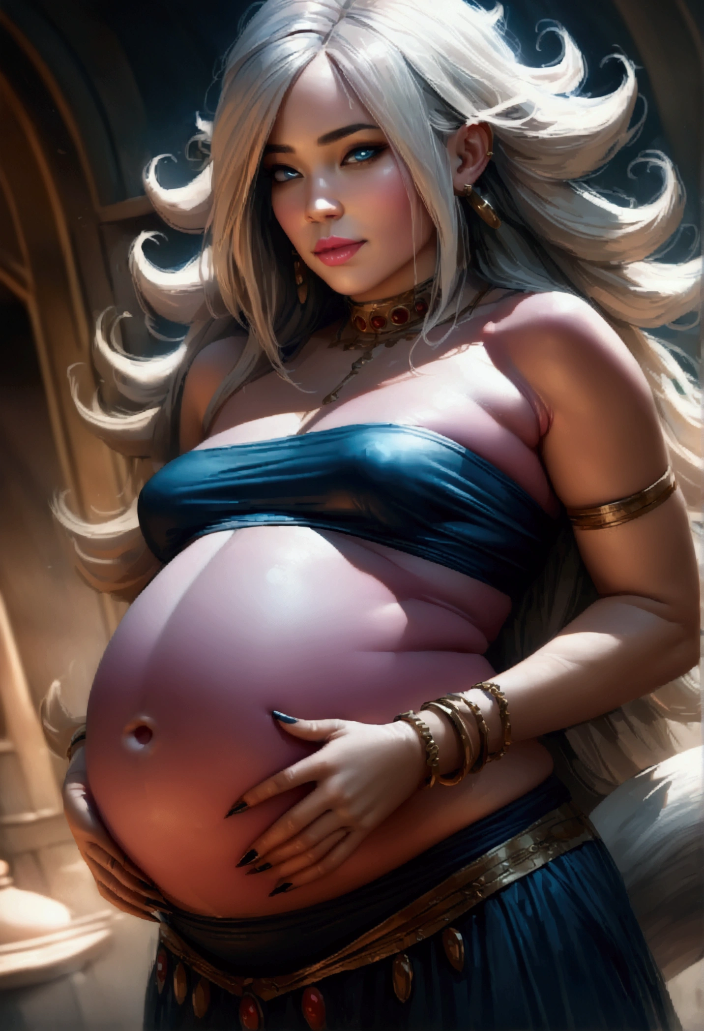 A highly detailed, breathtaking portrait of Android 21 from Dragonball, with black sclera, pink skin, wearing a tube top, bracelets, harem pants, and high heels, with a tail, wild white hair, and a crazy seductive smile, alone, teasingly displaying her pregnant belly, (best quality,4k,8k,highres,masterpiece:1.2),ultra-detailed,(realistic,photorealistic,photo-realistic:1.37),extremely detailed face and eyes, extremely detailed skin, beautiful detailed eyes, beautiful detailed lips, longeyelashes, cinematic lighting, dramatic colors, surreal, ethereal, concept art