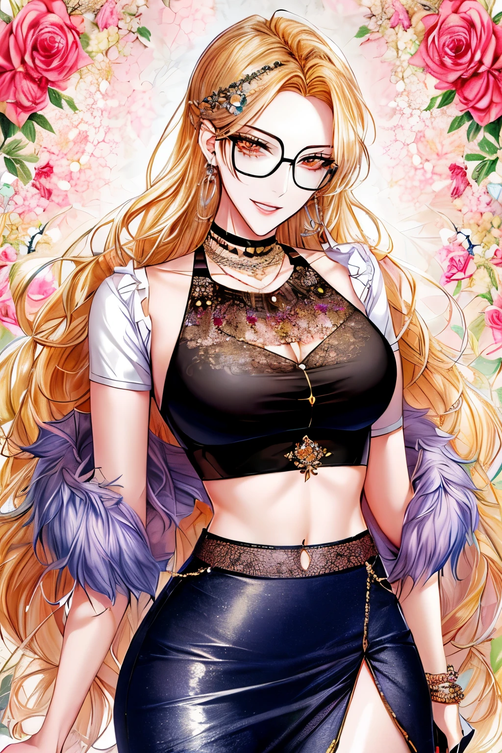 Kuroume_1024, ((shoujo-style, floral background, romance manhwa)), blonde hair, phone, jewelry, sunglasses, earrings, long hair, crop top, handbag, very long hair, hair ornament, midriff, choker, makeup, bracelet, navel piercing, miniskirt, piercing, hairclip, necklace, ring, looking to the side, brown eyes, smile, sparkle, cowboy shot, cropped shirt, blue skirt, fur trim, alternate costume, short sleeves, forehead, white shirt, standing, gyaru, glasses, fishnets, ear piercing, tattoo, fur-trimmed skirt, eyeshadow, parted lips