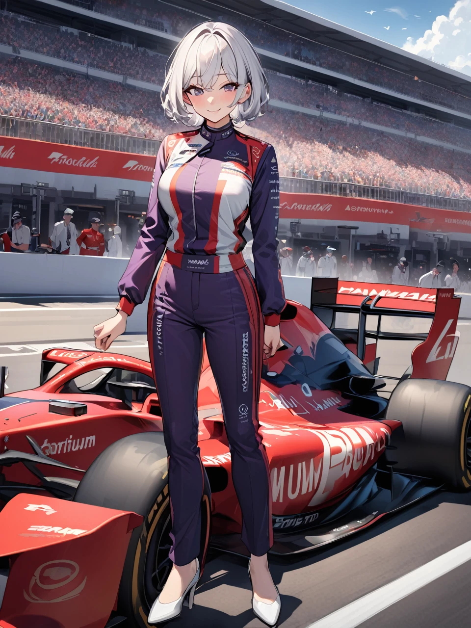 of the highest quality, of the highest quality, 16k, incredibly absurd, Very detailed, 2.5D, delicate and dynamic,women,22 years,racing uniforms,chest,elegance,shiny hair,smile,beautiful,Red car,car chase, short hair, platinum white hair,Formula 1,Race car ,high,excellent figure,dark purple suit,detailed background,Front view,Whole body