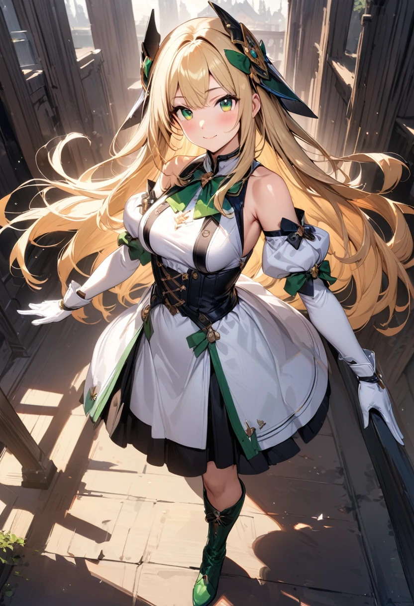 (masterpiece),(best quality),(ultra-detailed),(best illustration),(best shadow),(absurdres),(detailed background),(very aesthetic), 1girl, green-eyes, solo, gloves, blonde-hair, ((long-hair)), white-gloves, looking-at-viewer, full-body, simple-background, boots, dress, breasts, smile, standing, hair-ornament, closed-mouth, bangs, outstretched-arms, knee-boots, medium-breasts, bare-shoulders, detached-sleeves, ribbon, headgear, blush, sleeveless, elbow-gloves, skirt
