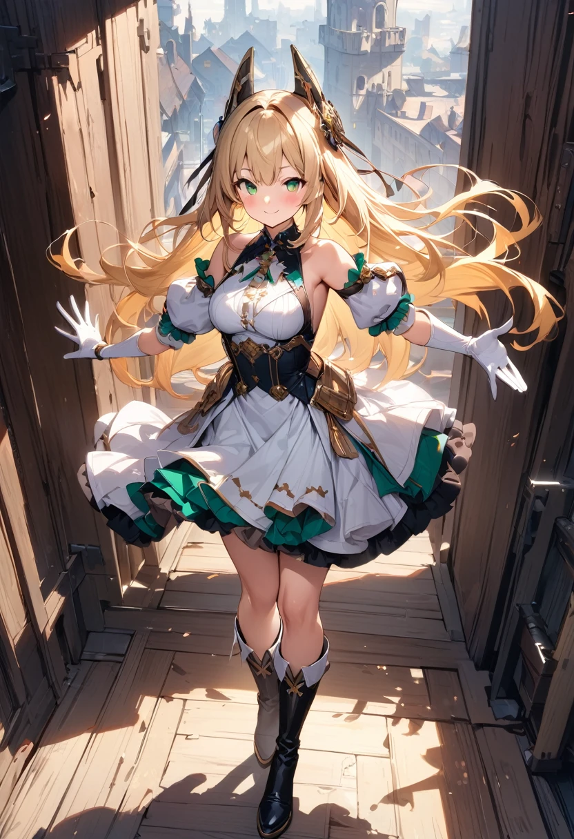 (masterpiece),(best quality),(ultra-detailed),(best illustration),(best shadow),(absurdres),(detailed background),(very aesthetic), 1girl, green-eyes, solo, gloves, blonde-hair, ((long-hair)), white-gloves, looking-at-viewer, full-body, simple-background, boots, dress, breasts, smile, standing, hair-ornament, closed-mouth, bangs, outstretched-arms, knee-boots, medium-breasts, bare-shoulders, detached-sleeves, ribbon, headgear, blush, sleeveless, elbow-gloves, skirt
