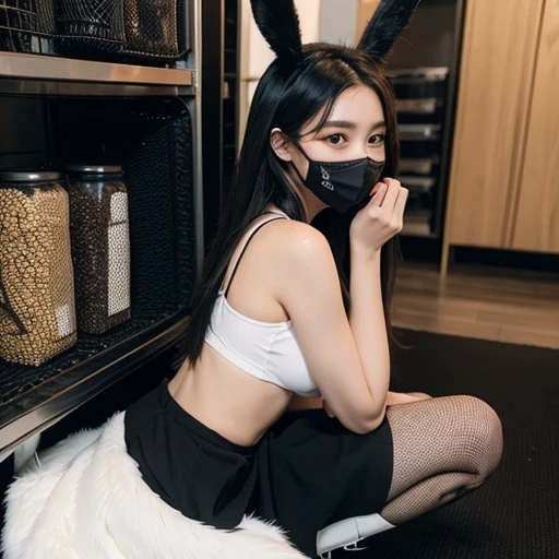 Multiple Very beautiful cute Hong kong female at anime con 2024 wearing fishnet stocking up to the waist and very short black skirt where you can see the whole butt to the waist and a thin small tight blue fishnet crop top showing under boob , wearing fake bunny ears and a black mask,white slimy liquid on her face and hair , sweating super hard , mega large breast, show full body, sexy body ,super huge big butt small waist, ideal body,kneeling,nsfw