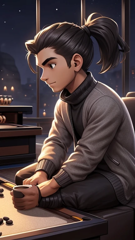 (detailed), (((normal guy))), (Arabic characteristics), ((gray wool jacket)), ((pelo negro rizado Ponytail hairstyle)), ((Ponytail hairstyle)), (calm face), ((by the width)), ((coffee boots)), (((whole body))), ((sitting in a game room)), ((male)), (gray turtleneck sweater), ((only one person)), (at night), seen in profile