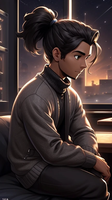 (detailed), (((normal guy))), (Arabic characteristics), ((gray wool jacket)), ((pelo negro rizado Ponytail hairstyle)), ((Ponytail hairstyle)), (calm face), ((by the width)), ((coffee boots)), (((whole body))), ((sitting in a game room)), ((male)), (gray turtleneck sweater), ((only one person)), (at night), seen in profile