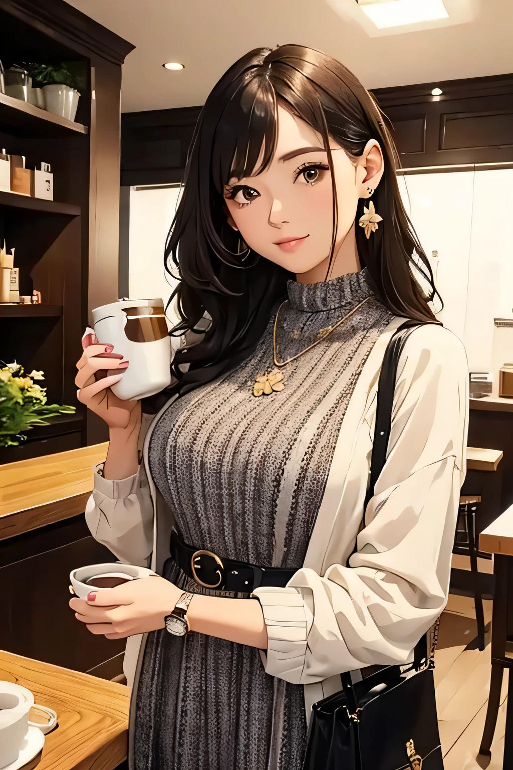 Highest quality、High resolution、Detailed Background、(Beautiful face in every detail:1.4)、Anatomically correct、(Normal number of fingers:1.2)、Highly detailed face、Detailed eyes、Beautiful women in their 20s、(Huge breasts:1.2)、Perfect body line、Bobcut、Long Hair、Wavy Hairstyle、Cute Eye Makeup、Cute Lip Makeup、Accentuate your cleavage、Model pose、Cute gestures、A cozy hidden cafe、(A beautiful woman enjoying coffee and chatting in a calm space with a retro atmosphere:1.5)、
From the design of the dress、Flower prints and stripes in soft spring colors are recommended、A clean and feminine dress is cute、
Combining a belt will make your waist look slimmer、A colored belt can also be an accent、
It's stylish to combine a white cardigan, etc., as an outerwear、You can wear it with peace of mind even on chilly days、
Casual items such as flat sandals are recommended、Combining a tote bag, etc., gives a cute atmosphere、
Earrings and necklaces、Combining a wristwatch, etc., will make it look more gorgeous、
Overall, it's a casual but clean look with a dress as the center.、very beautiful