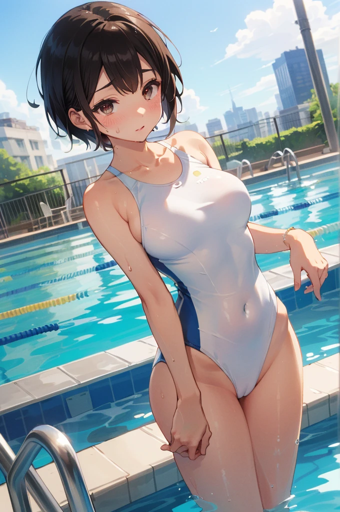 Big Breasts、Model standing、(Pure white swimsuit、Pure white high-leg one-piece swimsuit、Close-up of a clear mansuji、Cameltoe close-up、Female genitalia transparent with sweat、Sweaty vagina)、Bare shoulders、Bare arms、(Brown very short hair、茶色のboyishヘア、Extremely short-haired）、(Slit eyes、Cool look、Competitive、boyish）、City hotel pool、City hotel poolサイド、Luxury Pool