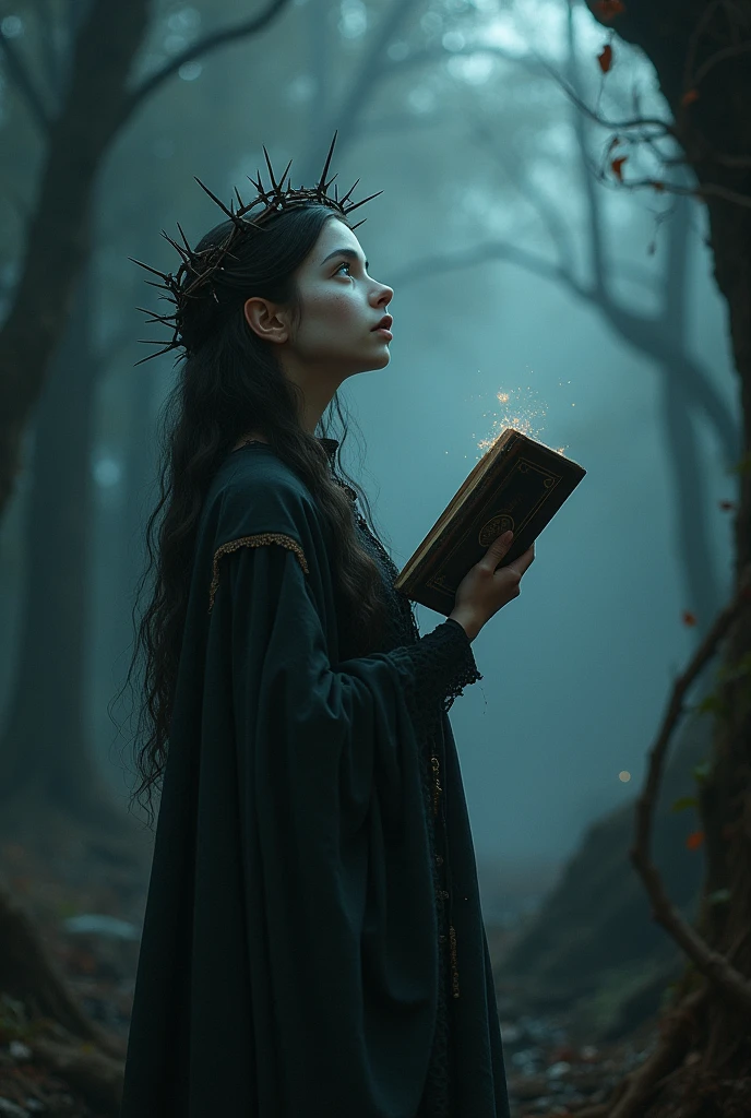 une femme avec une couronne d'épines tenant un bouquin dans ses mains, le regard vers le ciel haut loin, yeux entierement blanc, jeune fille zombie, art fantastique gothique, art de style fantaisie sombre, art fantastique sombre, in style of art fantastique sombre, prêtresse des damnés, jeune fille gothique of the dark, art sombre fantastique, dark fantasy mêlé de réalisme, jeune fille gothique, Portrait de fantaisie sombre, jeune fille gothique shaman, art numérique de fantaisie sombre