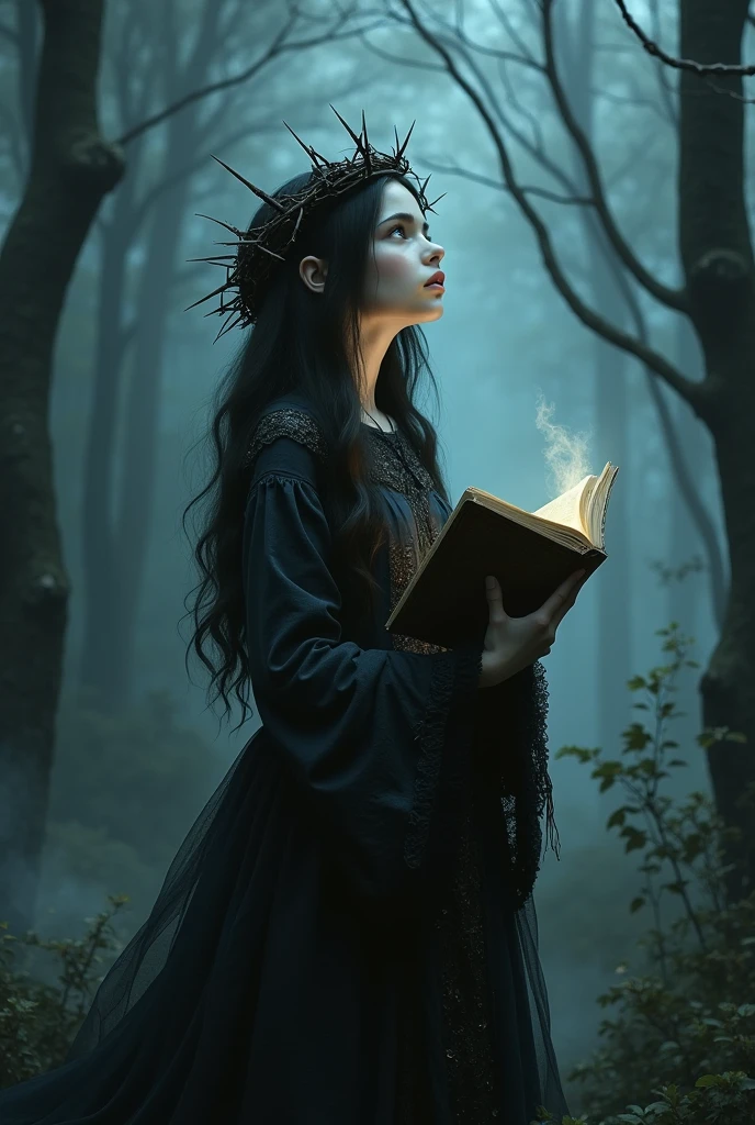 une femme avec une couronne d'épines tenant un bouquin dans ses mains, le regard vers le ciel haut loin, yeux entierement blanc, jeune fille zombie, art fantastique gothique, art de style fantaisie sombre, art fantastique sombre, in style of art fantastique sombre, prêtresse des damnés, jeune fille gothique of the dark, art sombre fantastique, dark fantasy mêlé de réalisme, jeune fille gothique, Portrait de fantaisie sombre, jeune fille gothique shaman, art numérique de fantaisie sombre