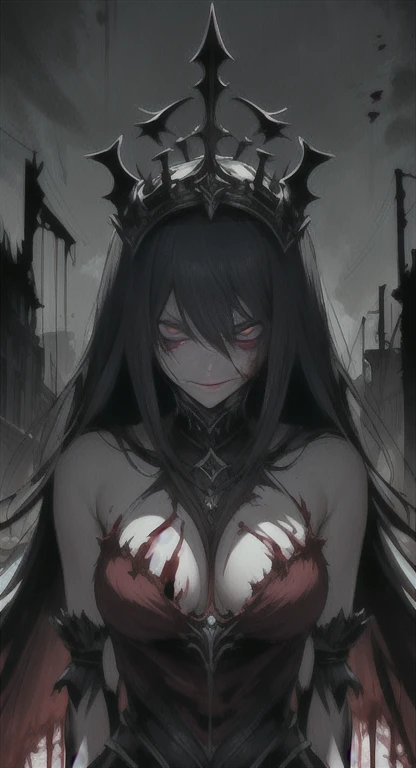 Ancient era, armored, princess Hylexia , blood everywhere, bloodmoon princess drenched in blood, looking at viewer psychotically, creepy smirk, Sharp claws, covered in blood, Side view, destroyed village, cursed Triforce, fortress ruins,
