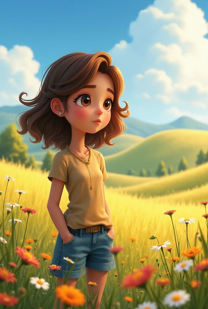 A medium-sized character with fair skin, brown eyes, and medium wavy hair.