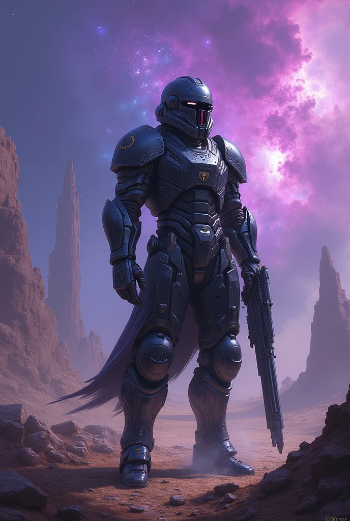 Space Tek warrior with a weapon in his hand resting after the war 