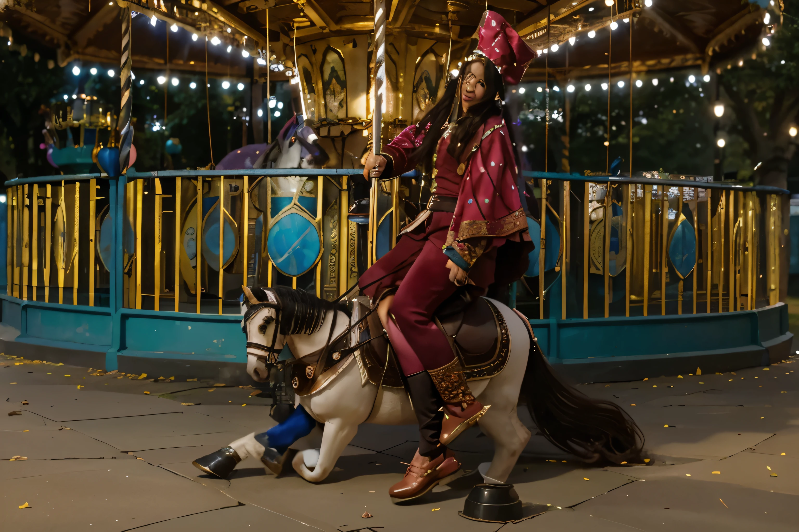 (Best quality, 8k, 32k, Masterpiece, UHD:1.2) ((carousel)) ((horses)) Transform the scene into a whimsical wonderland theme park, inspired by a fantastical dreamscape. The park is filled with vibrant, oversized elements like giant candy canes, towering mushroom-shaped rides, and colorful, twisting paths. The atmosphere is filled with a magical aura, with sparkling lights hanging from whimsical, curved lampposts that illuminate the entire park. The sky above is a soft, pastel hue, with fluffy clouds that seem almost close enough to touch.

In the distance, a grand castle with intricate, swirling patterns and stained glass windows towers over the park, resembling something out of a fairy tale. The ground is covered with a mix of cobblestones and soft grass, blending seamlessly together. Carousel horses come alive with vibrant colors, and the air is filled with the soft, joyful music of a distant calliope. The park is dotted with fantasy-themed attractions, such as a tea party ride with giant teacups, a maze of hedges with hidden surprises, and a magical river flowing with shimmering, sparkling water. The whole setting exudes a sense of wonder and enchantment, inviting visitors into a world of endless imagination.
