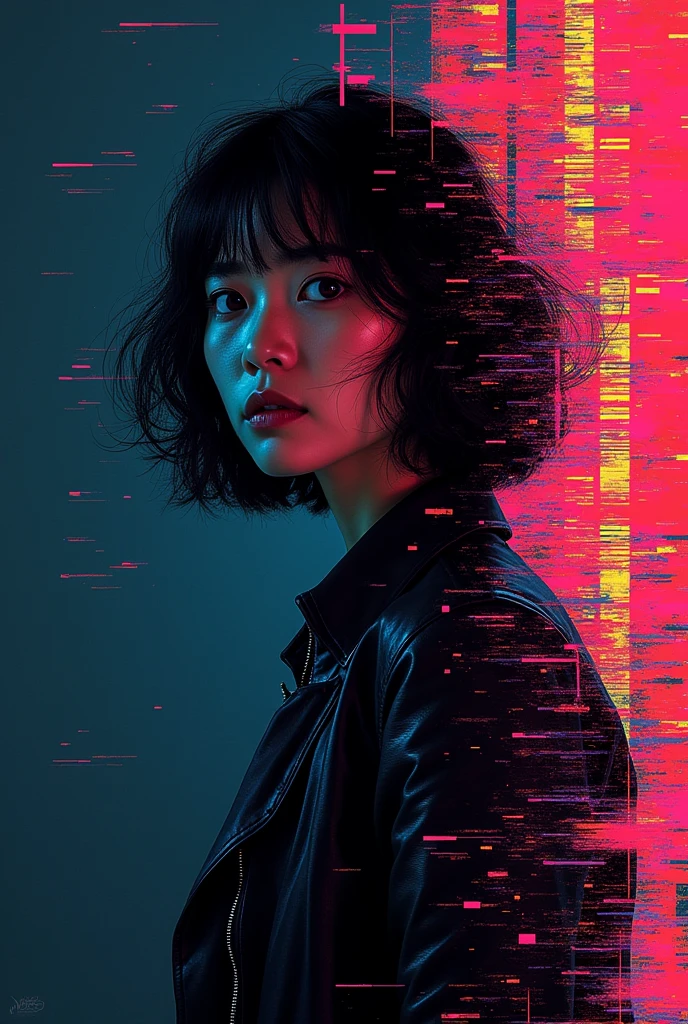 Glitch art movie poster, [sideways facing Asian woman] in the center, dark background, glitch colors in the style of strong glitch effect, striped many graphic defects, very detailed, stunning image
