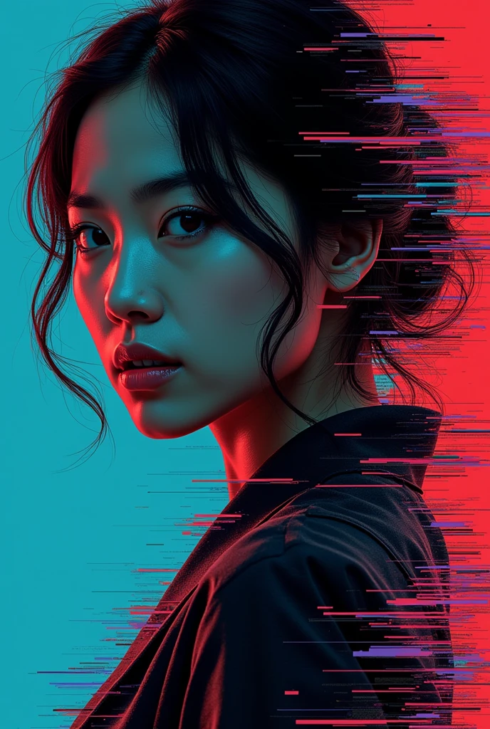 Glitch art movie poster, [sideways facing Asian woman] in the center, dark background, glitch colors in the style of strong glitch effect, striped many graphic defects, very detailed, stunning image