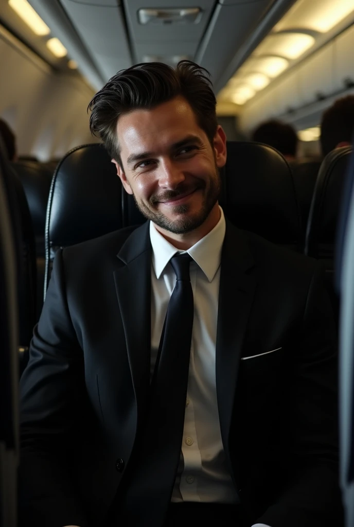 Tom is described as having a villainous smile and wearing a coat with backwards collars, which gives him a slightly disheveled appearance. He is around 26 years old and his demeanor is manipulative and intimidating. His clothing is noted to be formal, often including a suit black pant with black coat white dress shirt and formal shoes. His overall look combines a sense of casual arrogance with a professional appearance. Siting in plane economy seat
