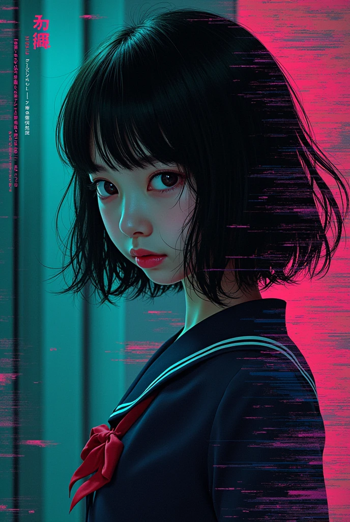 Glitch art movie poster, [sideways facing Japanese school girl] in the center, dark background, glitch colors in the style of strong glitch effect, striped many graphic defects, very detailed, stunning image